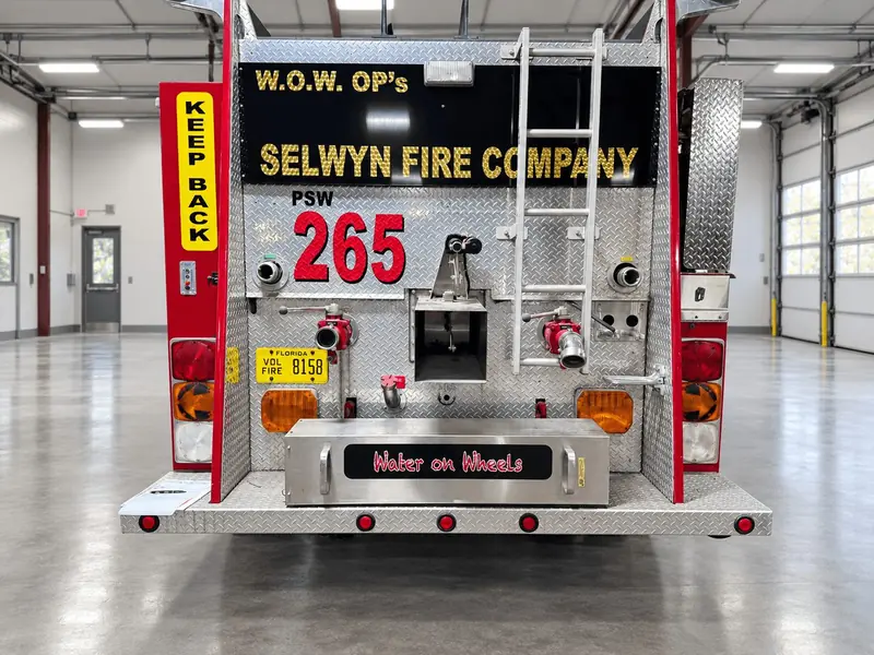 Rear of fire tanker 265 Water on Wheels with ladder and hose connections – 1st Due fire truck fleet